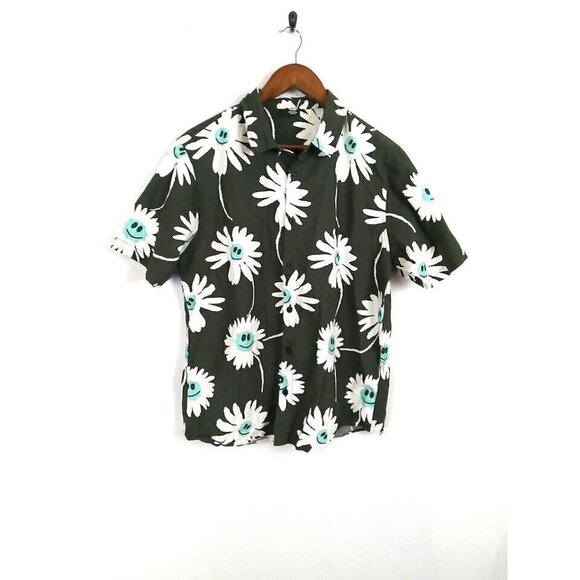 Neff Shirt Men's Size M Gray Dark Green Button Down Smiley Face Emoji Flower - Picture 1 of 12